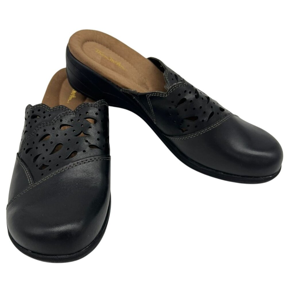 Thom McAn Women's Leather Cut-Out Comfort Wedge Clogs Size 8.5 Black Casual